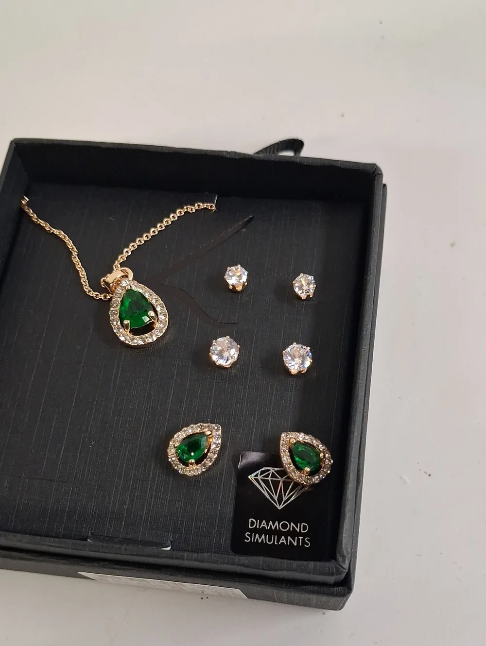 NWT Emerald Teardrop Pendant & Stud Earring Set - Gold Tone